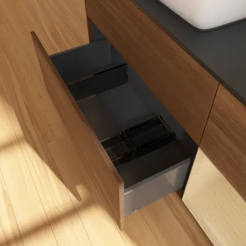 VILLEROY BOCH Finion Waschbeckenunterschrank, mit Beleuchtung, 3 Auszüge, 1200 x 603 x 501 mm, Walnut Veneer / Oak Veneer / Glass Black Matt #F812PCGN, Bild 7