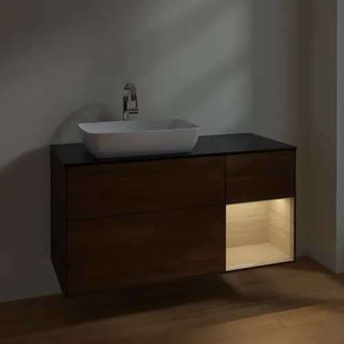 VILLEROY BOCH Finion Waschbeckenunterschrank, mit Beleuchtung, 3 Auszüge, 1200 x 603 x 501 mm, Walnut Veneer / Oak Veneer / Glass Black Matt #F812PCGN, Bild 5