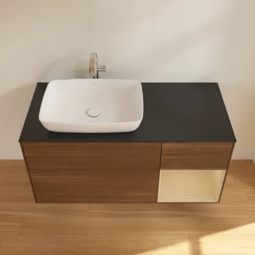VILLEROY BOCH Finion Waschbeckenunterschrank, mit Beleuchtung, 3 Auszüge, 1200 x 603 x 501 mm, Walnut Veneer / Oak Veneer / Glass Black Matt #F812PCGN, Bild 4