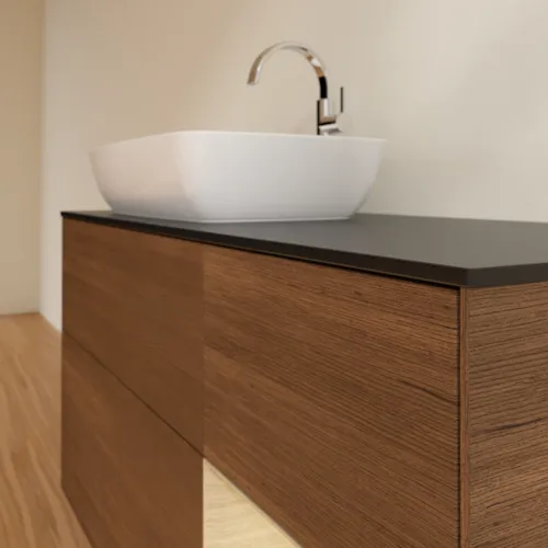 VILLEROY BOCH Finion Waschbeckenunterschrank, mit Beleuchtung, 3 Auszüge, 1200 x 603 x 501 mm, Walnut Veneer / Oak Veneer / Glass Black Matt #F812PCGN, Bild 6