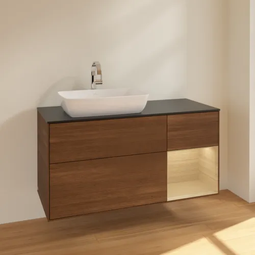 VILLEROY BOCH Finion Waschbeckenunterschrank, mit Beleuchtung, 3 Auszüge, 1200 x 603 x 501 mm, Walnut Veneer / Oak Veneer / Glass Black Matt #F812PCGN, Bild 2