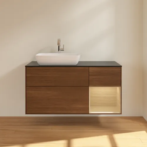 VILLEROY BOCH Finion Waschbeckenunterschrank, mit Beleuchtung, 3 Auszüge, 1200 x 603 x 501 mm, Walnut Veneer / Oak Veneer / Glass Black Matt #F812PCGN, Bild 3