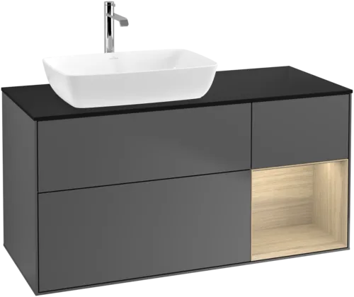 Picture of VILLEROY BOCH Finion Vanity unit, with lighting, 3 pull-out compartments, 1200 x 603 x 501 mm, Anthracite Matt Lacquer / Oak Veneer / Glass Black Matt #F812PCGK