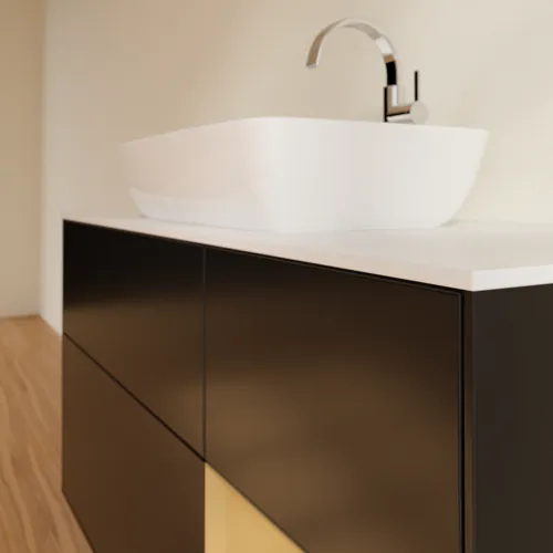 Bild von VILLEROY BOCH Finion Waschbeckenunterschrank, mit Beleuchtung, 3 Auszüge, 1200 x 603 x 501 mm, Black Matt Lacquer / Gold Matt Lacquer / Glass White Matt #F831HFPD