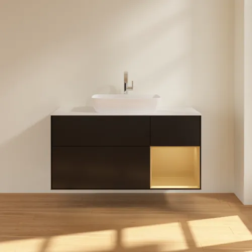Bild von VILLEROY BOCH Finion Waschbeckenunterschrank, mit Beleuchtung, 3 Auszüge, 1200 x 603 x 501 mm, Black Matt Lacquer / Gold Matt Lacquer / Glass White Matt #F831HFPD
