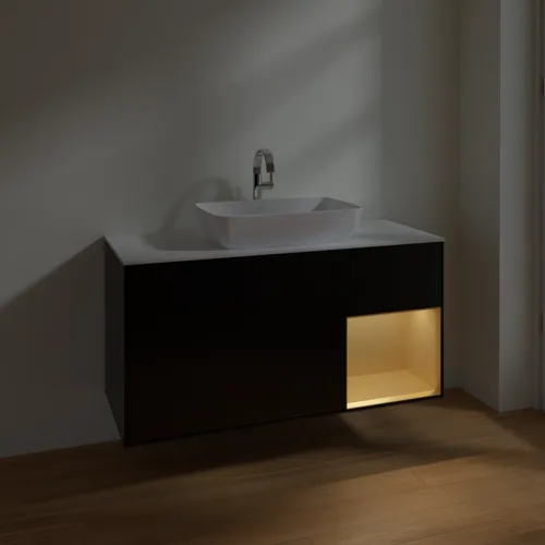 Bild von VILLEROY BOCH Finion Waschbeckenunterschrank, mit Beleuchtung, 3 Auszüge, 1200 x 603 x 501 mm, Black Matt Lacquer / Gold Matt Lacquer / Glass White Matt #F831HFPD