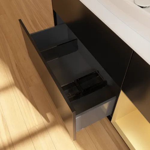 Bild von VILLEROY BOCH Finion Waschbeckenunterschrank, mit Beleuchtung, 3 Auszüge, 1200 x 603 x 501 mm, Black Matt Lacquer / Gold Matt Lacquer / Glass White Matt #F831HFPD