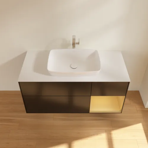Bild von VILLEROY BOCH Finion Waschbeckenunterschrank, mit Beleuchtung, 3 Auszüge, 1200 x 603 x 501 mm, Black Matt Lacquer / Gold Matt Lacquer / Glass White Matt #F831HFPD