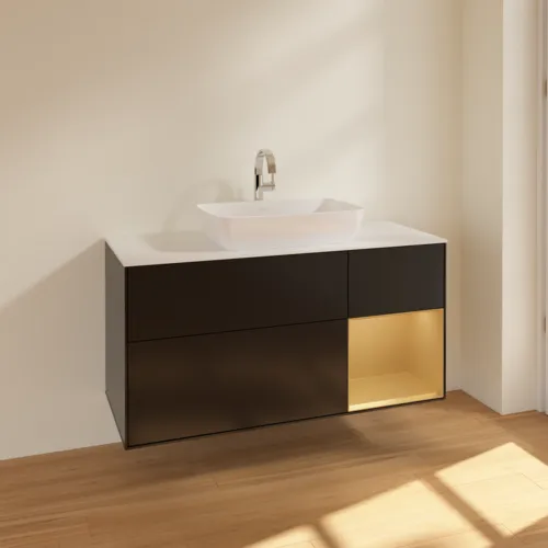 Bild von VILLEROY BOCH Finion Waschbeckenunterschrank, mit Beleuchtung, 3 Auszüge, 1200 x 603 x 501 mm, Black Matt Lacquer / Gold Matt Lacquer / Glass White Matt #F831HFPD