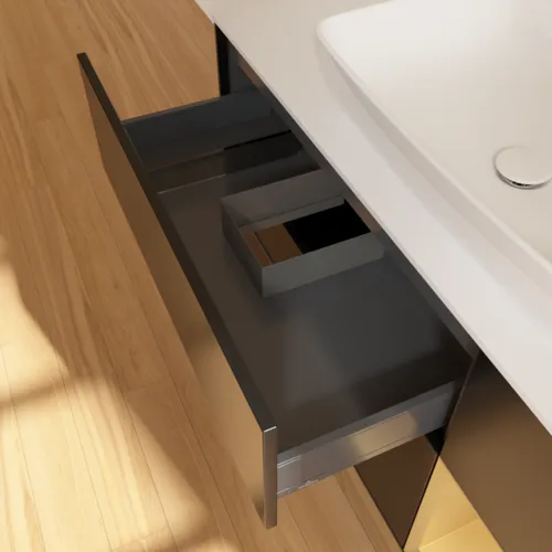 Bild von VILLEROY BOCH Finion Waschbeckenunterschrank, mit Beleuchtung, 3 Auszüge, 1200 x 603 x 501 mm, Black Matt Lacquer / Gold Matt Lacquer / Glass White Matt #F831HFPD