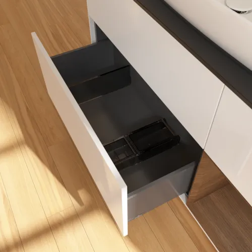 Bild von VILLEROY BOCH Finion Waschbeckenunterschrank, mit Beleuchtung, 3 Auszüge, 1200 x 603 x 501 mm, Glossy White Lacquer / Walnut Veneer / Glass Black Matt #F832GNGF