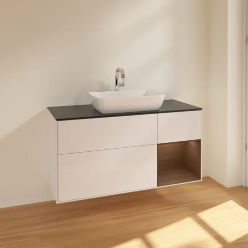 Bild von VILLEROY BOCH Finion Waschbeckenunterschrank, mit Beleuchtung, 3 Auszüge, 1200 x 603 x 501 mm, Glossy White Lacquer / Walnut Veneer / Glass Black Matt #F832GNGF