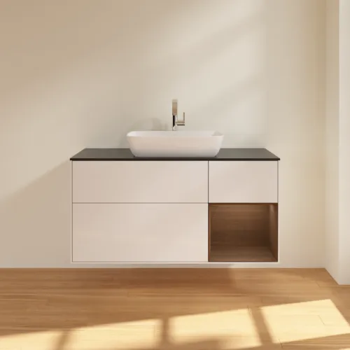 Bild von VILLEROY BOCH Finion Waschbeckenunterschrank, mit Beleuchtung, 3 Auszüge, 1200 x 603 x 501 mm, Glossy White Lacquer / Walnut Veneer / Glass Black Matt #F832GNGF