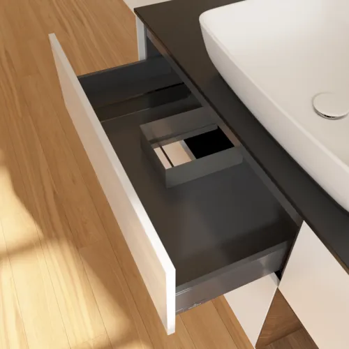 Bild von VILLEROY BOCH Finion Waschbeckenunterschrank, mit Beleuchtung, 3 Auszüge, 1200 x 603 x 501 mm, Glossy White Lacquer / Walnut Veneer / Glass Black Matt #F832GNGF