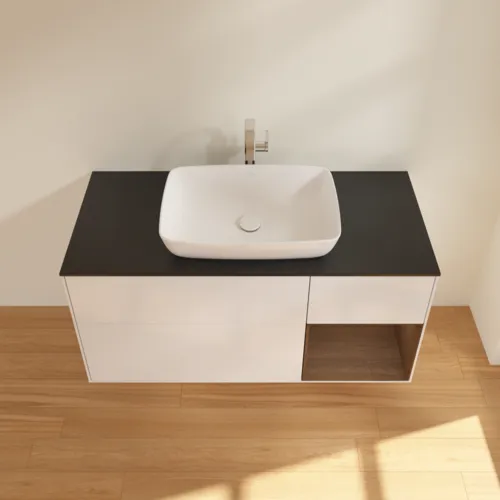 Bild von VILLEROY BOCH Finion Waschbeckenunterschrank, mit Beleuchtung, 3 Auszüge, 1200 x 603 x 501 mm, Glossy White Lacquer / Walnut Veneer / Glass Black Matt #F832GNGF