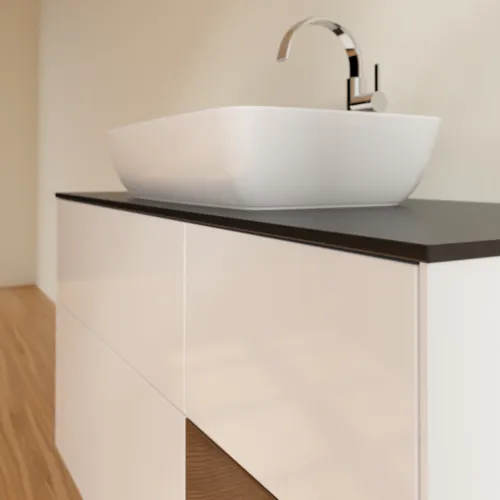 Bild von VILLEROY BOCH Finion Waschbeckenunterschrank, mit Beleuchtung, 3 Auszüge, 1200 x 603 x 501 mm, Glossy White Lacquer / Walnut Veneer / Glass Black Matt #F832GNGF