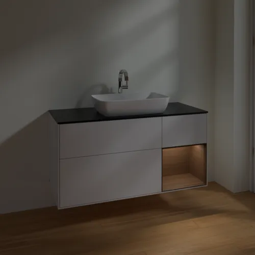 Bild von VILLEROY BOCH Finion Waschbeckenunterschrank, mit Beleuchtung, 3 Auszüge, 1200 x 603 x 501 mm, Glossy White Lacquer / Walnut Veneer / Glass Black Matt #F832GNGF
