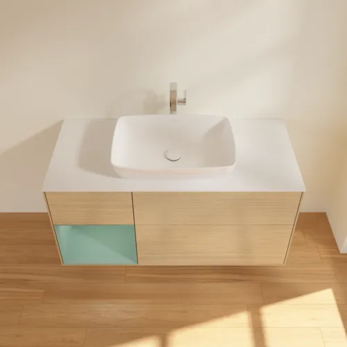 Bild von VILLEROY BOCH Finion Waschbeckenunterschrank, mit Beleuchtung, 3 Auszüge, 1200 x 603 x 501 mm, Oak Veneer / Olive Matt Lacquer / Glass White Matt #F821GMPC
