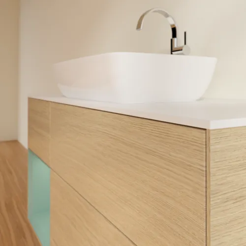 Bild von VILLEROY BOCH Finion Waschbeckenunterschrank, mit Beleuchtung, 3 Auszüge, 1200 x 603 x 501 mm, Oak Veneer / Olive Matt Lacquer / Glass White Matt #F821GMPC