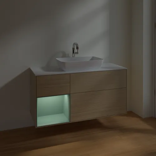 Bild von VILLEROY BOCH Finion Waschbeckenunterschrank, mit Beleuchtung, 3 Auszüge, 1200 x 603 x 501 mm, Oak Veneer / Olive Matt Lacquer / Glass White Matt #F821GMPC