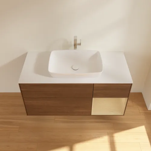 Bild von VILLEROY BOCH Finion Waschbeckenunterschrank, mit Beleuchtung, 3 Auszüge, 1200 x 603 x 501 mm, Walnut Veneer / Oak Veneer / Glass White Matt #F831PCGN