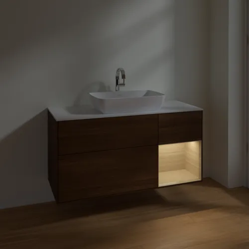 Bild von VILLEROY BOCH Finion Waschbeckenunterschrank, mit Beleuchtung, 3 Auszüge, 1200 x 603 x 501 mm, Walnut Veneer / Oak Veneer / Glass White Matt #F831PCGN