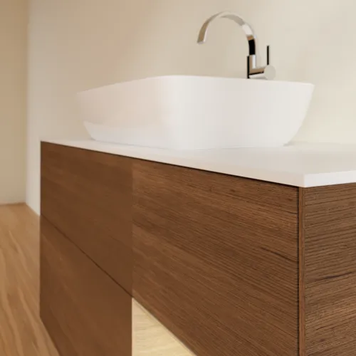 Bild von VILLEROY BOCH Finion Waschbeckenunterschrank, mit Beleuchtung, 3 Auszüge, 1200 x 603 x 501 mm, Walnut Veneer / Oak Veneer / Glass White Matt #F831PCGN