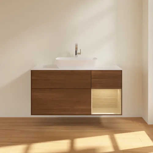 Bild von VILLEROY BOCH Finion Waschbeckenunterschrank, mit Beleuchtung, 3 Auszüge, 1200 x 603 x 501 mm, Walnut Veneer / Oak Veneer / Glass White Matt #F831PCGN
