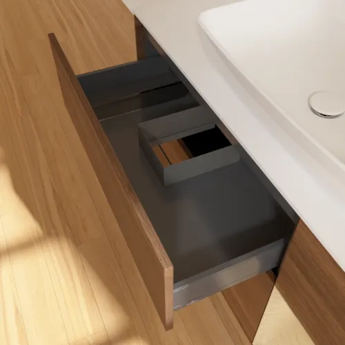 Bild von VILLEROY BOCH Finion Waschbeckenunterschrank, mit Beleuchtung, 3 Auszüge, 1200 x 603 x 501 mm, Walnut Veneer / Oak Veneer / Glass White Matt #F831PCGN