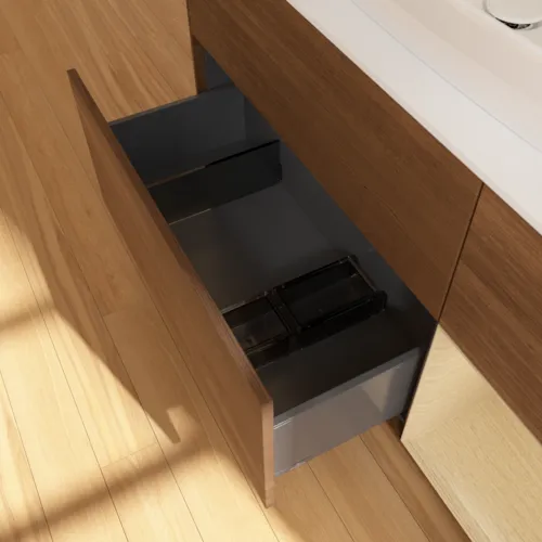 Bild von VILLEROY BOCH Finion Waschbeckenunterschrank, mit Beleuchtung, 3 Auszüge, 1200 x 603 x 501 mm, Walnut Veneer / Oak Veneer / Glass White Matt #F831PCGN