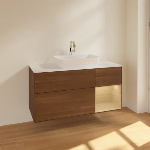 Bild von VILLEROY BOCH Finion Waschbeckenunterschrank, mit Beleuchtung, 3 Auszüge, 1200 x 603 x 501 mm, Walnut Veneer / Oak Veneer / Glass White Matt #F831PCGN