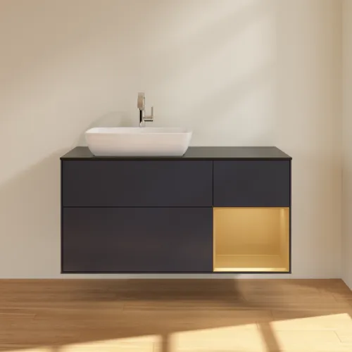 Bild von VILLEROY BOCH Finion Waschbeckenunterschrank, mit Beleuchtung, 3 Auszüge, 1200 x 603 x 501 mm, Midnight Blue Matt Lacquer / Gold Matt Lacquer / Glass Black Matt #F812HFHG