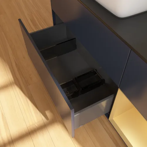 Bild von VILLEROY BOCH Finion Waschbeckenunterschrank, mit Beleuchtung, 3 Auszüge, 1200 x 603 x 501 mm, Midnight Blue Matt Lacquer / Gold Matt Lacquer / Glass Black Matt #F812HFHG