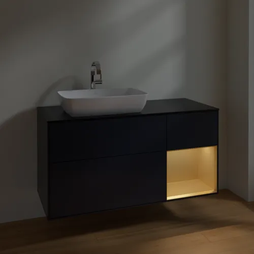 Bild von VILLEROY BOCH Finion Waschbeckenunterschrank, mit Beleuchtung, 3 Auszüge, 1200 x 603 x 501 mm, Midnight Blue Matt Lacquer / Gold Matt Lacquer / Glass Black Matt #F812HFHG