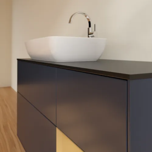 Bild von VILLEROY BOCH Finion Waschbeckenunterschrank, mit Beleuchtung, 3 Auszüge, 1200 x 603 x 501 mm, Midnight Blue Matt Lacquer / Gold Matt Lacquer / Glass Black Matt #F812HFHG