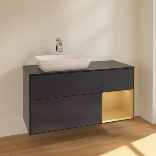 Bild von VILLEROY BOCH Finion Waschbeckenunterschrank, mit Beleuchtung, 3 Auszüge, 1200 x 603 x 501 mm, Midnight Blue Matt Lacquer / Gold Matt Lacquer / Glass Black Matt #F812HFHG