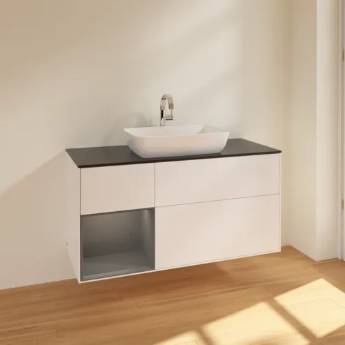 Bild von VILLEROY BOCH Finion Waschbeckenunterschrank, mit Beleuchtung, 3 Auszüge, 1200 x 603 x 501 mm, White Matt Lacquer / Anthracite Matt Lacquer / Glass Black Matt #F822GKMT
