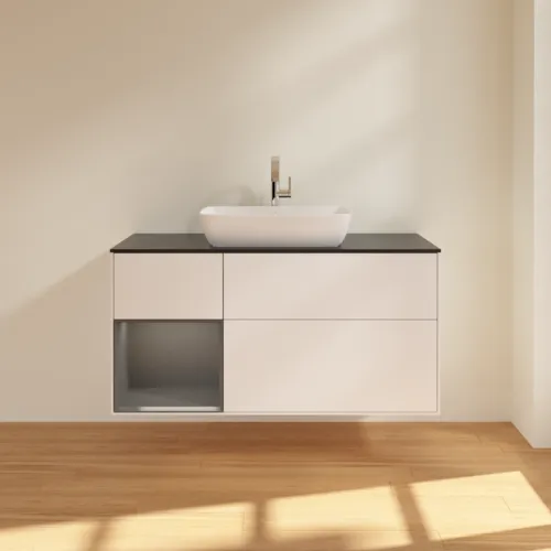 Bild von VILLEROY BOCH Finion Waschbeckenunterschrank, mit Beleuchtung, 3 Auszüge, 1200 x 603 x 501 mm, White Matt Lacquer / Anthracite Matt Lacquer / Glass Black Matt #F822GKMT