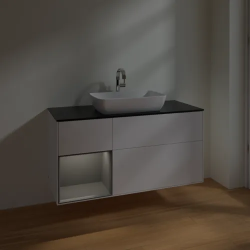 Bild von VILLEROY BOCH Finion Waschbeckenunterschrank, mit Beleuchtung, 3 Auszüge, 1200 x 603 x 501 mm, White Matt Lacquer / Anthracite Matt Lacquer / Glass Black Matt #F822GKMT