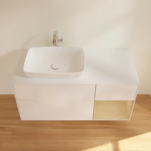 Bild von VILLEROY BOCH Finion Waschbeckenunterschrank, mit Beleuchtung, 3 Auszüge, 1200 x 603 x 501 mm, Glossy White Lacquer / Oak Veneer / Glass White Matt #F811PCGF