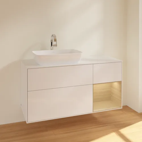Bild von VILLEROY BOCH Finion Waschbeckenunterschrank, mit Beleuchtung, 3 Auszüge, 1200 x 603 x 501 mm, Glossy White Lacquer / Oak Veneer / Glass White Matt #F811PCGF