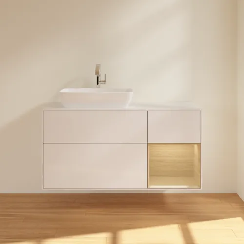 Bild von VILLEROY BOCH Finion Waschbeckenunterschrank, mit Beleuchtung, 3 Auszüge, 1200 x 603 x 501 mm, Glossy White Lacquer / Oak Veneer / Glass White Matt #F811PCGF