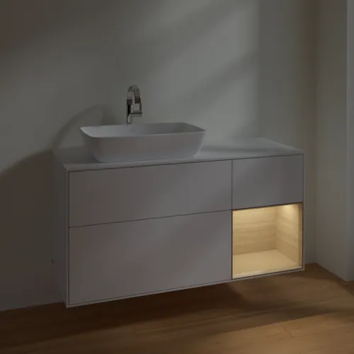 Bild von VILLEROY BOCH Finion Waschbeckenunterschrank, mit Beleuchtung, 3 Auszüge, 1200 x 603 x 501 mm, Glossy White Lacquer / Oak Veneer / Glass White Matt #F811PCGF