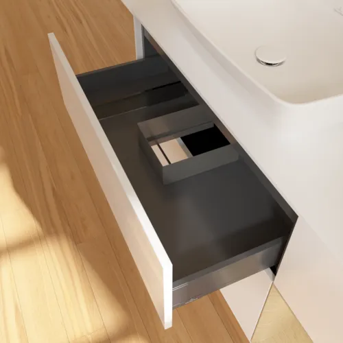 Bild von VILLEROY BOCH Finion Waschbeckenunterschrank, mit Beleuchtung, 3 Auszüge, 1200 x 603 x 501 mm, Glossy White Lacquer / Oak Veneer / Glass White Matt #F811PCGF