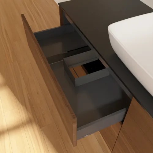 Bild von VILLEROY BOCH Finion Waschbeckenunterschrank, 4 Auszüge, 1600 x 603 x 501 mm, Walnut Veneer / Glass Black Matt #F85200GN