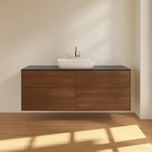 Bild von VILLEROY BOCH Finion Waschbeckenunterschrank, 4 Auszüge, 1600 x 603 x 501 mm, Walnut Veneer / Glass Black Matt #F85200GN