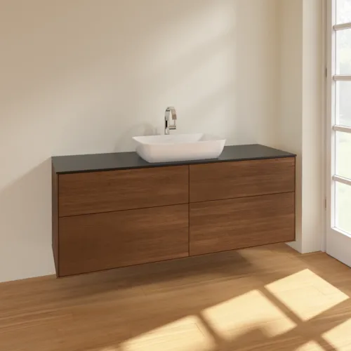 Bild von VILLEROY BOCH Finion Waschbeckenunterschrank, 4 Auszüge, 1600 x 603 x 501 mm, Walnut Veneer / Glass Black Matt #F85200GN