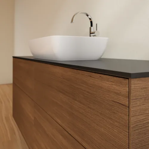 Bild von VILLEROY BOCH Finion Waschbeckenunterschrank, 4 Auszüge, 1600 x 603 x 501 mm, Walnut Veneer / Glass Black Matt #F85200GN