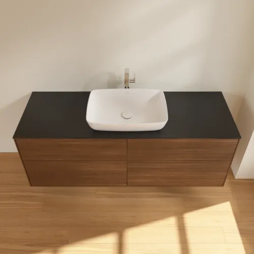Bild von VILLEROY BOCH Finion Waschbeckenunterschrank, 4 Auszüge, 1600 x 603 x 501 mm, Walnut Veneer / Glass Black Matt #F85200GN