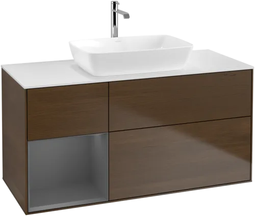 VILLEROY BOCH Finion Vanity unit, with lighting, 3 pull-out compartments, 1200 x 603 x 501 mm, Walnut Veneer / Anthracite Matt Lacquer / Glass White Matt #F821GKGN resmi